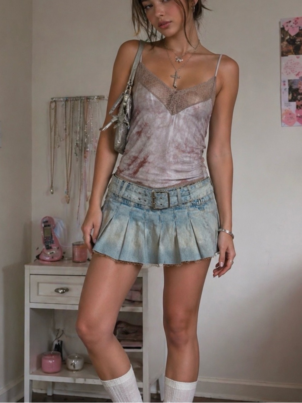Zara Light Blue Pleated Denim Mini Skirt with Belt